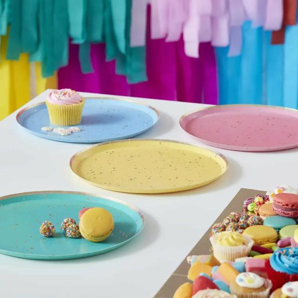 Gold Speckled Rainbow Paper Plates 24Cm 8Pk  |   Party Plates