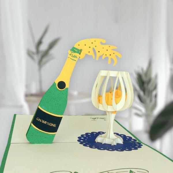 Green Champagne Bottle And Glass Pop Up Card  |   Congratulations