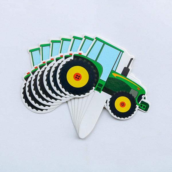 Green Yellow Tractor Paper Cupcake Toppers 7Pk  |   First Birthday