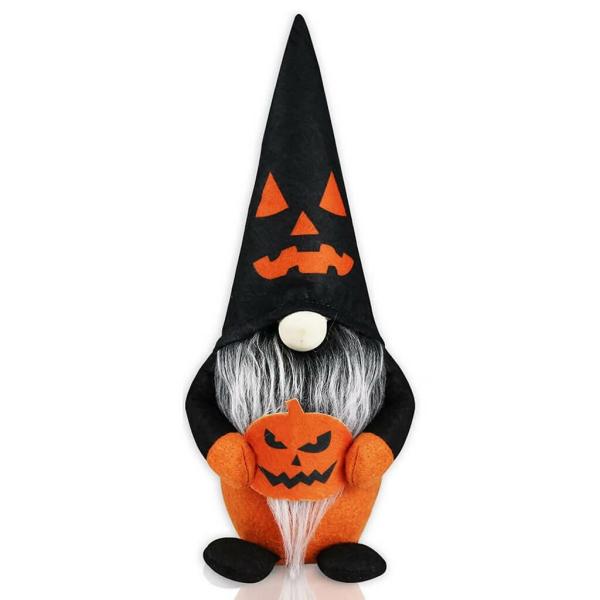 Halloween Wizard Gnome Holding Pumpkin Shelf Sitter  |   Gnomes