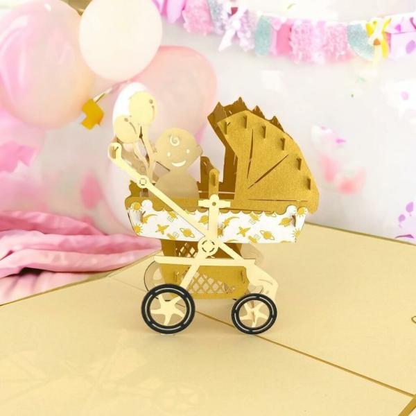 Handmade Baby In Gold Pram 3D Pop Up Card  |   New Baby