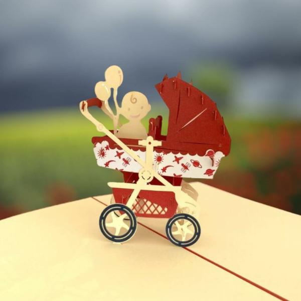 Handmade Baby In Red Pram 3D Pop Up Card  |   New Baby