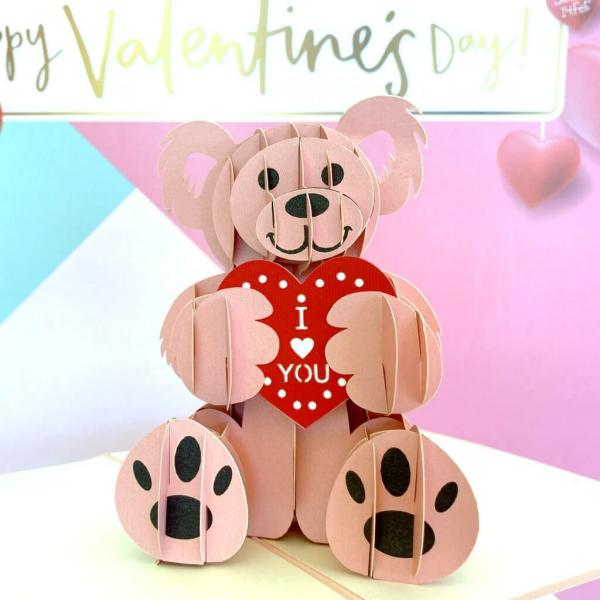 Handmade Baby Pink Teddy Bear Pop Up Valentine’s Day Card  |   Valentine’s Day