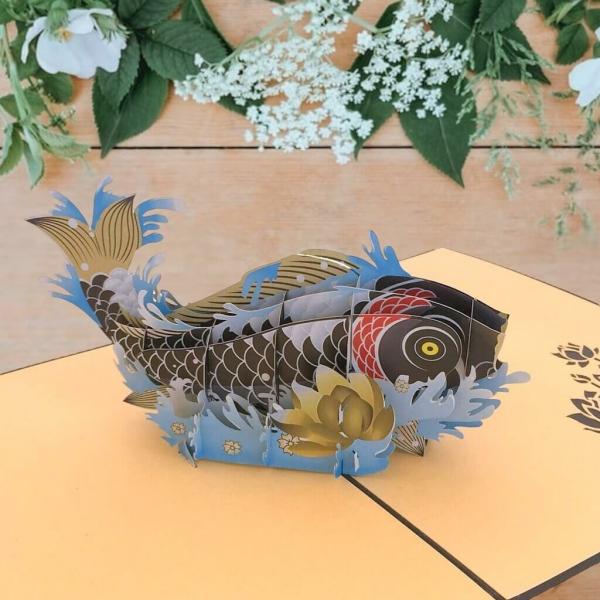 Handmade Black Japanese Koi Fish Pop Up Card – Black Cover  |   Animals