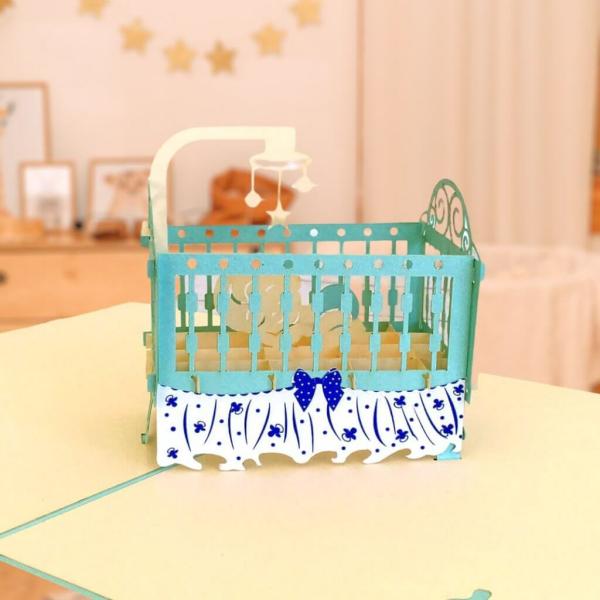 Handmade Blue Cot Baby Shower Pop Up Card – Blue Cover  |   New Baby