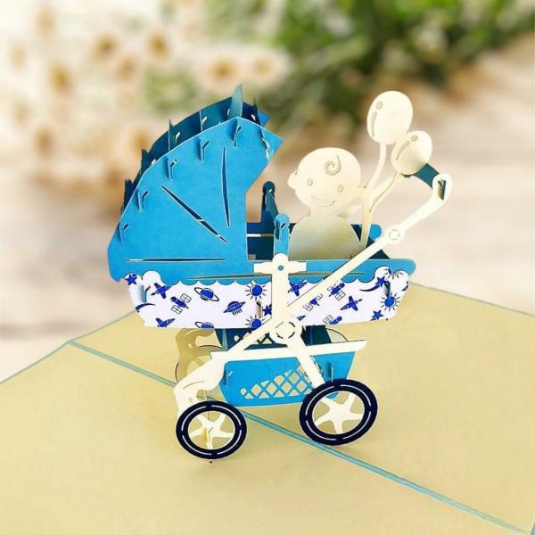 Handmade Blue Pram 3D Pop Up Card  |   New Baby