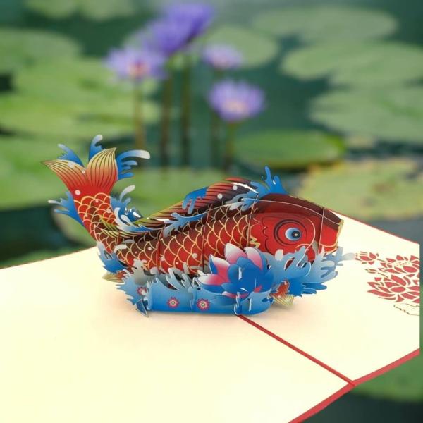 Handmade Red Japanese Koi Fish Pop Up Card – Red Cover  |   Animals