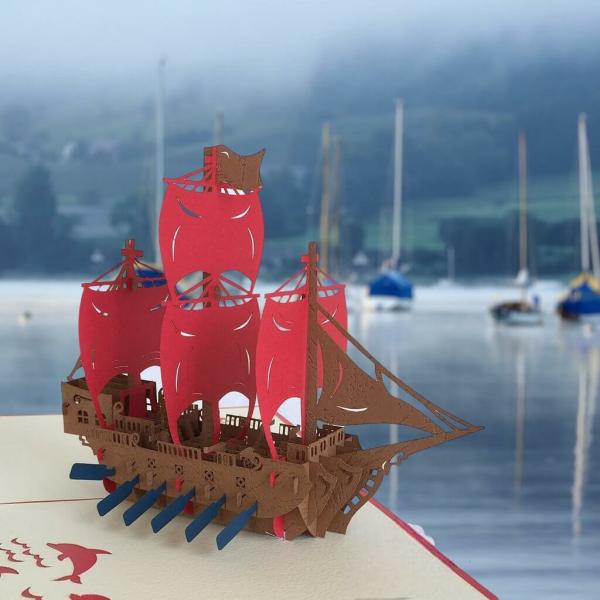 Handmade Red Viking Boat Ship Pop Up Card – Red Cover  |   Vehicles