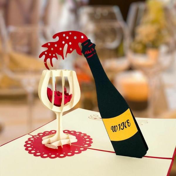 Handmade Red Wine Bottle And Glass 3D Pop Up Card – Red Cover  |   Congratulations