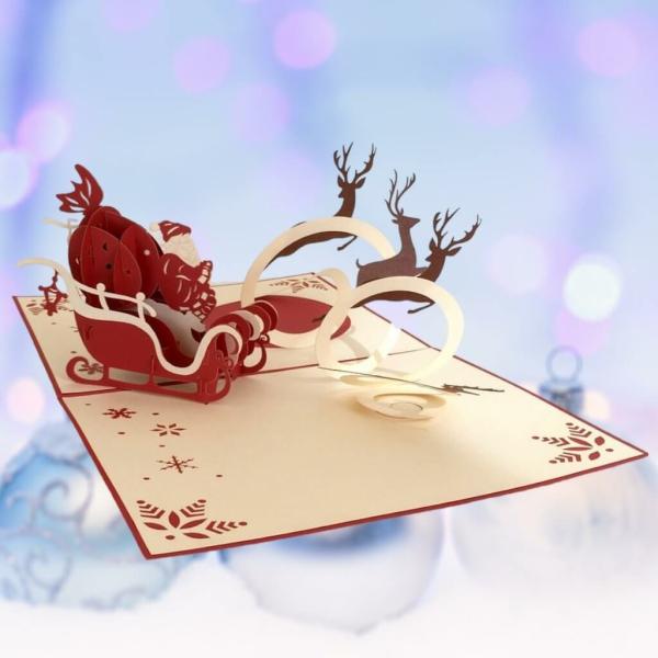 Handmade Santa On Sleigh Reindeer Pop Up Card  |   Christmas