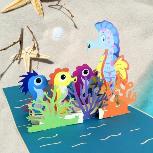 Handmade Seahorse Mum And Babies Pop Up Greeting Card  |   Animals