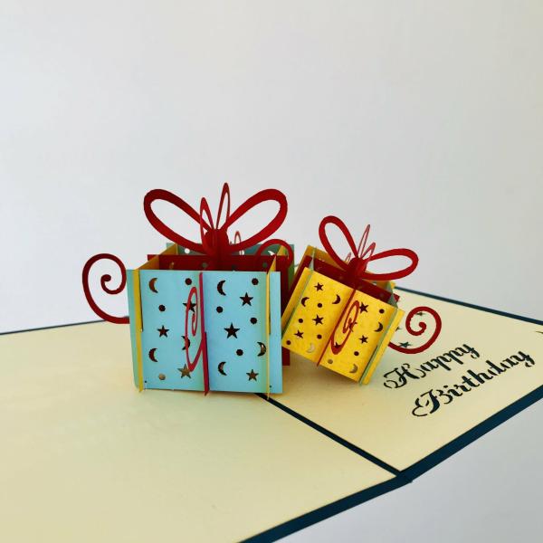 Happy Birthday Blue And Yellow Present Boxes Pop Card  |   Pop Up Cards