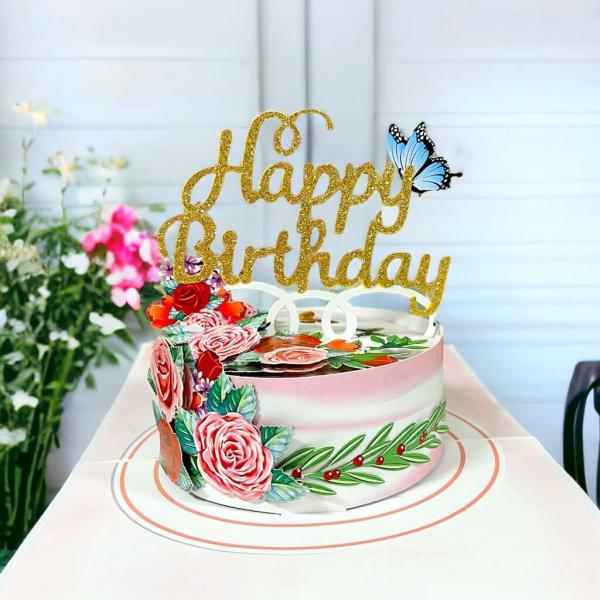 Happy Birthday Cake With Roses Pop Up Card  |   Pop Up Cards