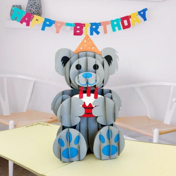 Happy Birthday Grey Teddy Bear Pop Up Card  |   Animals