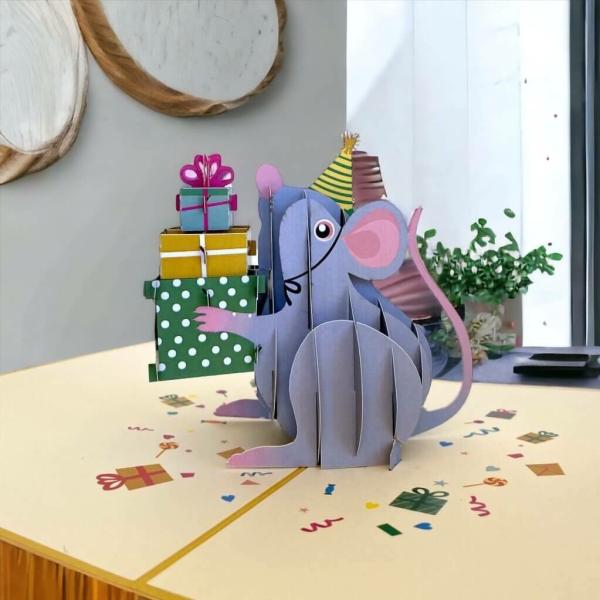 Happy Birthday Little Mouse With Present Pop Card  |   Animals