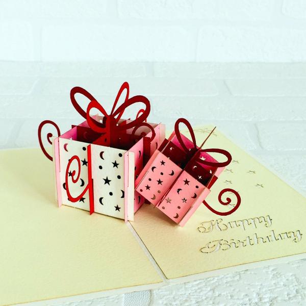 Happy Birthday Pink And White Present Boxes Pop Card – White Cover  |   Pop Up Cards