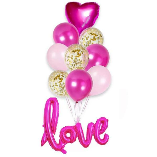 Hot Pink Heart Love Script Confetti Balloon Bouquet 10Pk  |   Balloon Bouquets