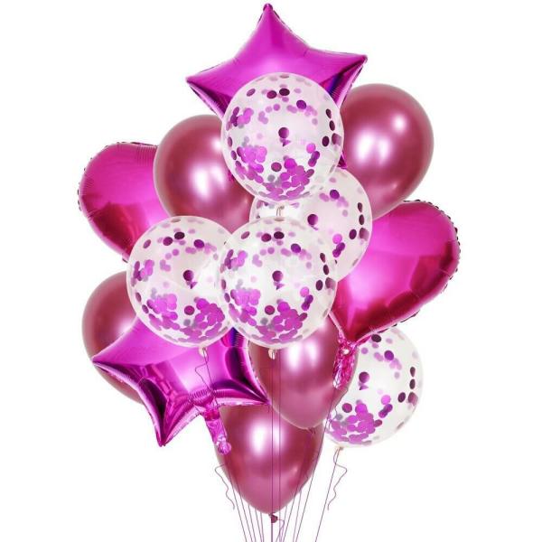 Hot Pink Star Heart Confetti Balloon Bouquet 14Pk  |   Balloon Bouquets