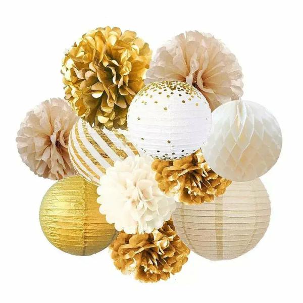 Ivory & Gold Paper Pom Pom And Round Lantern Arrangement 11Pk  |   Honeycomb Balls