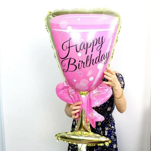 Jumbo Pink Happy Birthday Wine Goblet Foil Balloon  |   Shaped Balloons