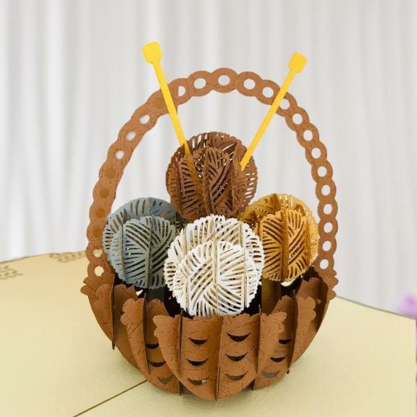 Knitting Yarn Basket Brown Cover Pop Card  |   Christmas