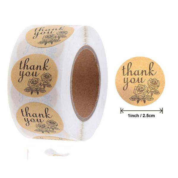 Kraft Paper Thank You Rose Flower Stickers 50Pk  |   Thank You Stickers