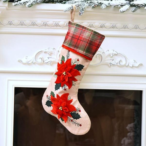 Large Burlap Merry Christmas Stocking – Two Red Poinsettia Flowers  |   Everlasting Bears