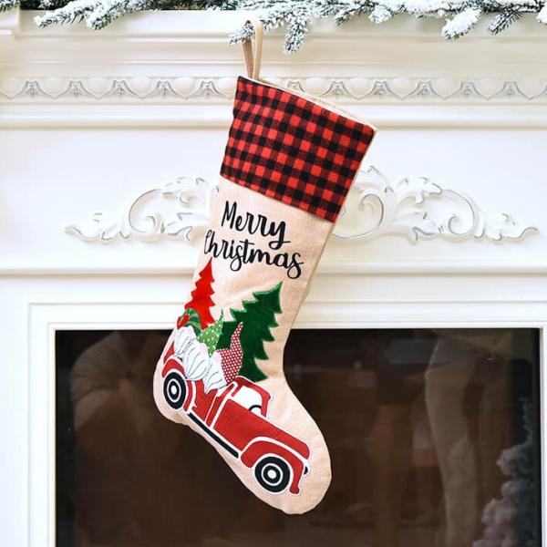 Large Burlap Merry Christmas Stocking – Xmas Trees & Santas On Red Ute  |   Everlasting Bears