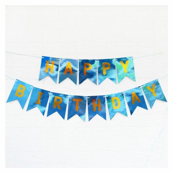 Laser Glitter Light Blue Happy Birthday Paper Bunting  |   Party Banners