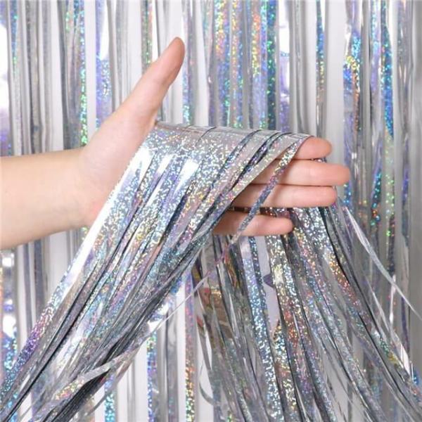 Laser Glitter Silver Foil Fringe Curtain  |   Foil Curtains