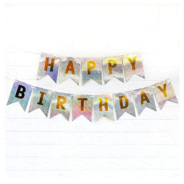 Laser Glitter Silver Happy Birthday Paper Bunting  |   Party Banners