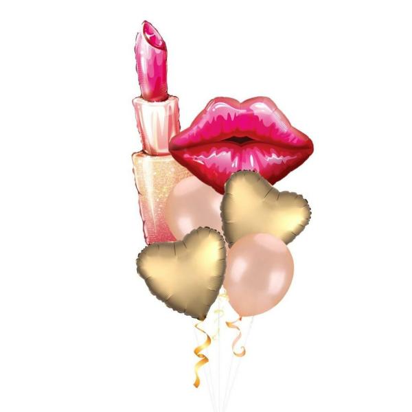 Lipstick, Red Lip & Chrome Gold Heart Balloon Bouquet 6Pk  |   Balloon Bouquets