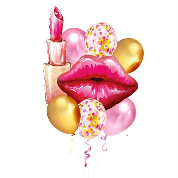 Lipstick, Red Lip Foil & Pink Confetti Latex Balloon Bouquet 8Pk  |   Balloon Bouquets