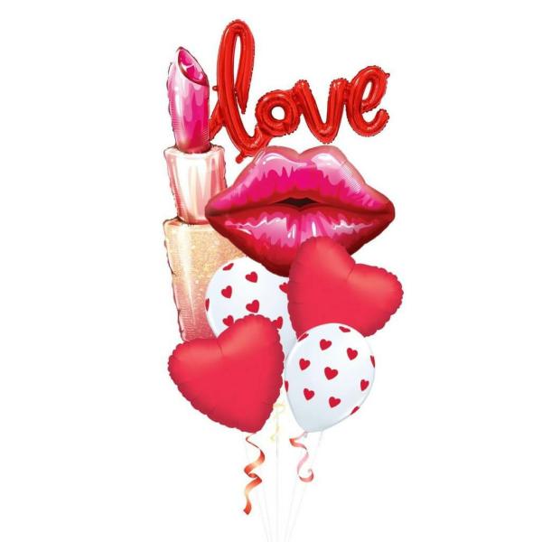 Lipstick, Red Lip, Love Script & Red Heart Balloon Bouquet 7Pk  |   Balloon Bouquets