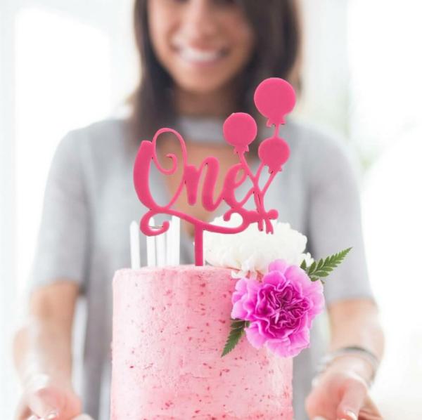 Matte Pink Acrylic ‘One’ Balloon Birthday Cake Topper  |   Birthday