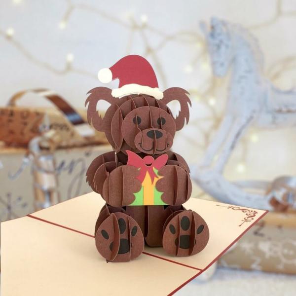 Merry Christmas Brown Teddy Bear Pop Card  |   Animals