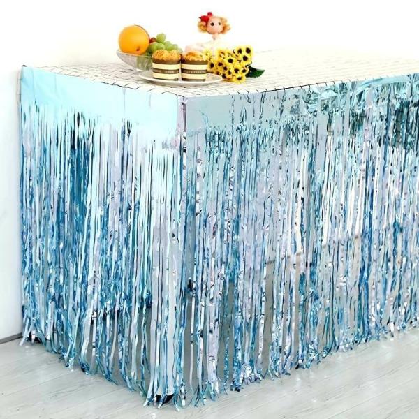 Metallic Blue Foil Fringe Table Skirt  |   Table Skirts