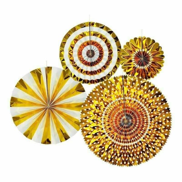 Metallic Gold Hanging Decorative Paper Fans 4Pk  |   Decorative Fans