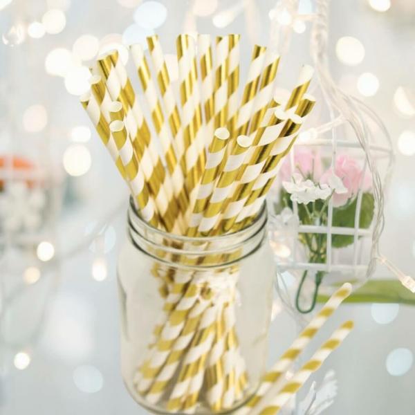 Metallic Gold Striped Paper Straws 20Pk  |   Drinking Straws