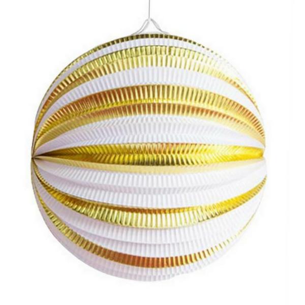 Metallic Gold White Stripe Accordion Lantern Ball  |   Accordion Balls