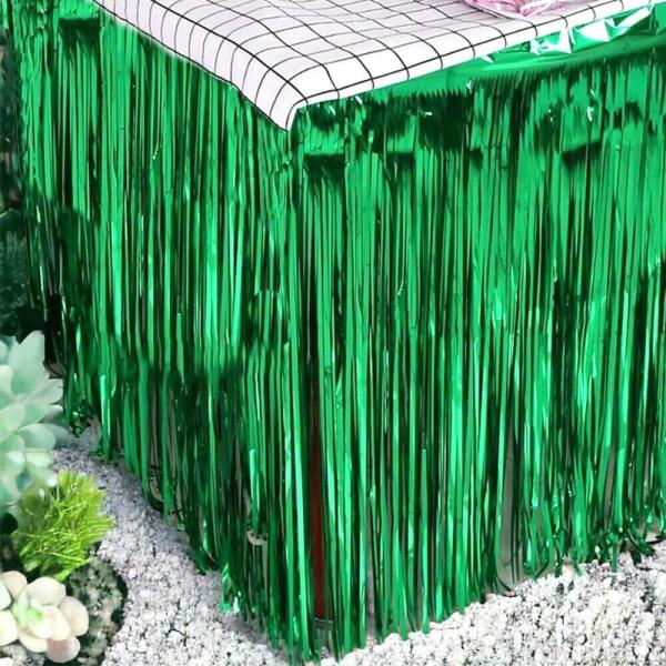 Metallic Green Foil Fringe Table Skirt  |   Table Skirts