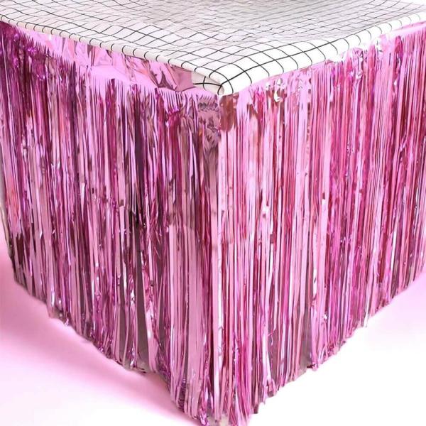 Metallic Pink Foil Fringe Table Skirt  |   Table Skirts