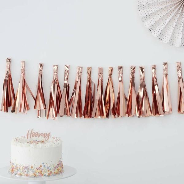 Metallic Rose Gold Foil Tassel Garland 15Pk  |   Paper Tassels