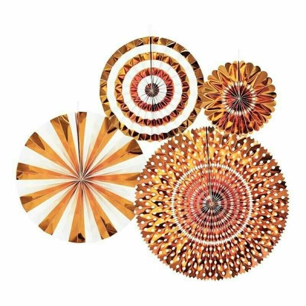 Metallic Rose Gold Hanging Decorative Paper Fans 4Pk  |   Decorative Fans