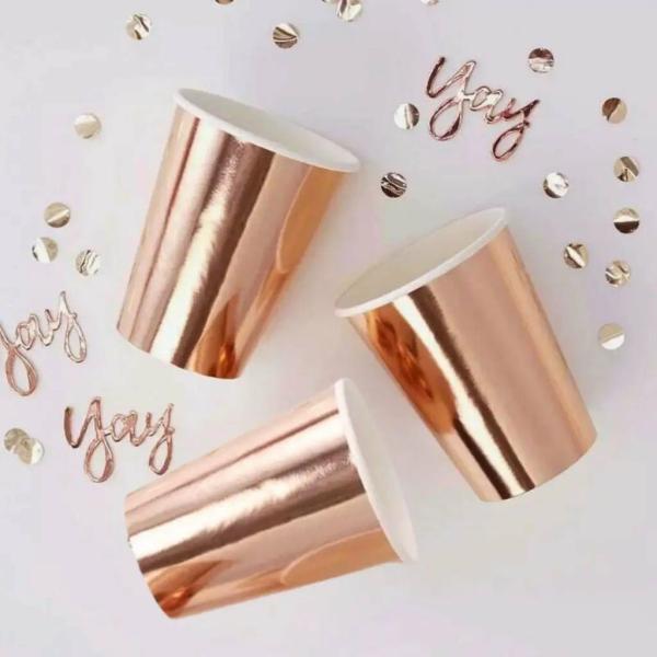 Metallic Rose Gold Paper Cups 266Ml 10Pk  |   Party Cups