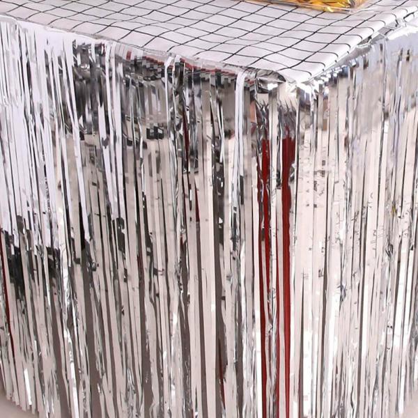 Metallic Silver Foil Fringe Table Skirt  |   Table Skirts