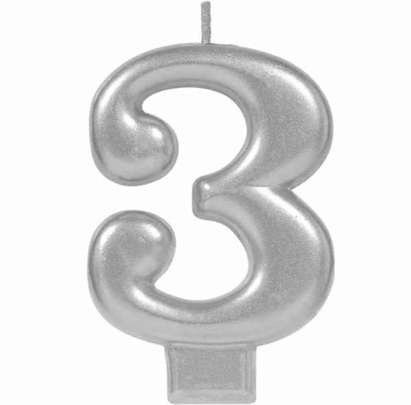 Metallic Silver Number 3 Candle  |   Candles