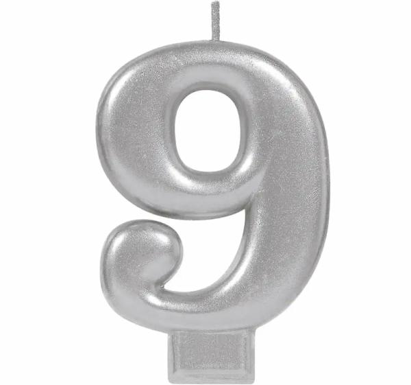 Metallic Silver Number 9 Candle  |   Candles