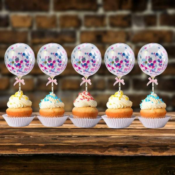 Mini Colourful Confetti Balloon Wands 5Pk  |   Cupcake Picks