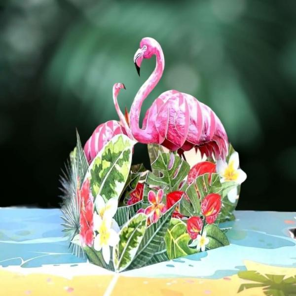 Mum & Baby Flamingoes In Spring Garden Pop Card  |   Christmas